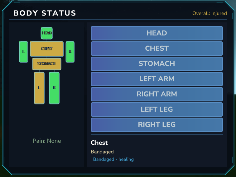 Body Status GUI showing individual body part damage tracking