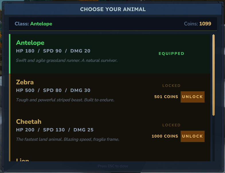 Animal class selection GUI showing Antelope, Zebra, Cheetah and Lion with stats