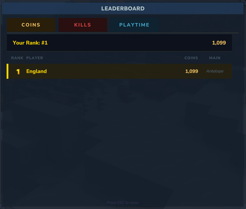 Leaderboard GUI with tabs for Coins, Kills, and Playtime