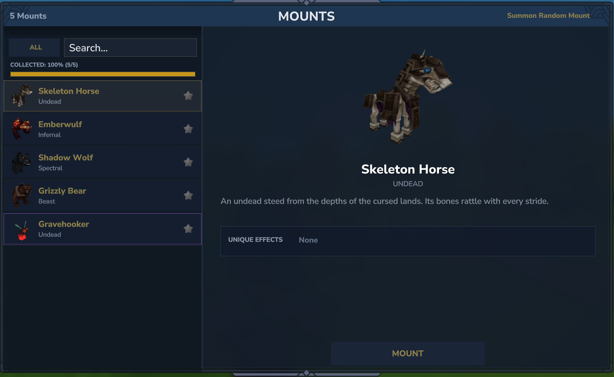 Mount System GUI showing categorised mounts with rarity tiers and favouriting