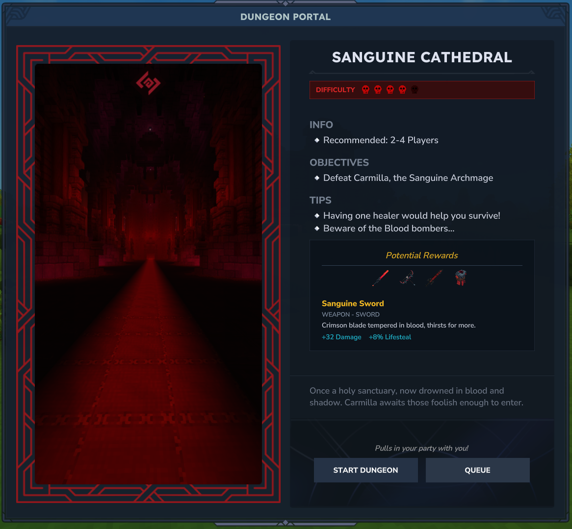 Dungeon Portal UI showing Sanguine Cathedral with difficulty, objectives, tips and rewards